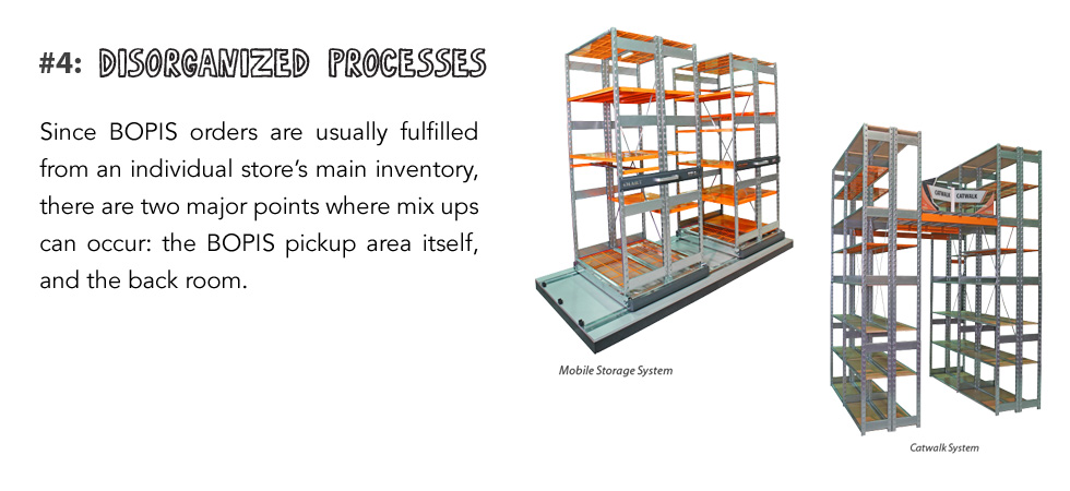 Since BOPIS orders are usually fulfilled from an individual store’s main inventory, there are two major points where mix ups can occur: the BOPIS pickup area itself, and the back room.
